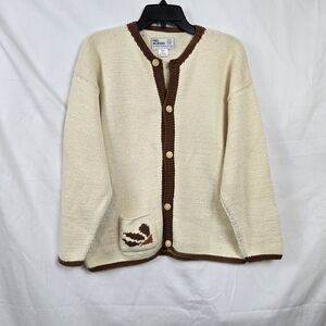 Del Mundo Women's Ivory Brown Handknit Heavy Cotton Boho Cardigan Medium Vintage